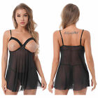 Womens Mesh Lingerie Set Open Cup Baby-dolls Adjustable Spaghetti Straps Dress
