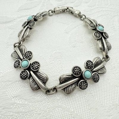 Brazalete de eslabones estilo suroeste estilo cabujón turquesa imitación estaño o plata Foto 1 de 4