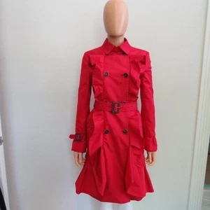 Valentino Red Silk Ruffle Double Breasted Trench Coat w/Belt Size US 6 - Picture 1 of 13