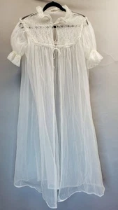 Vtg 50s 60s SHEER CHIFFON White Peignoir Robe Gown Ribbon Puff Sleeve Lace Nylon - Picture 1 of 15