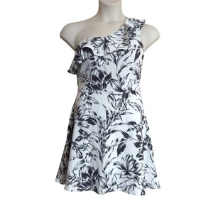 Banana Republic Black & White Floral Print One-Shoulder Mini Dress NWT - Size 4 - Picture 1 of 8