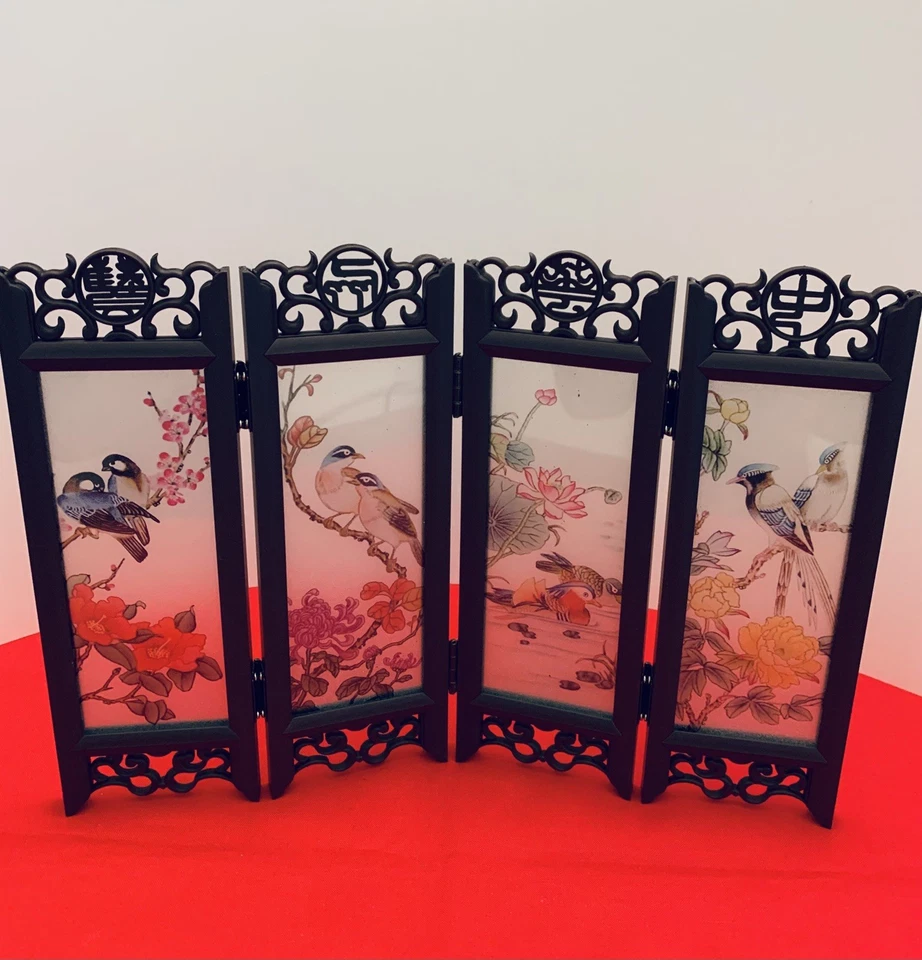 Vintage Chinese Tabletop 4 Panel Folding Screen Double-Sided Painted Porcelain - Image 1 of 4