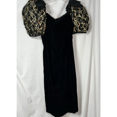 Vintage 90s Little Black Dress Velvet Gold Sequin Bow Sz XS Puffy Sleeve - Image 1 of 4