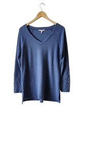Soft Surroundings Shirt Damen blau Rippstrick Spitze Häkelärmel Oberteil Boho M - Bild 1 von 5