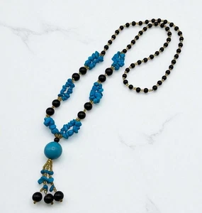 Blue & Black Beaded Necklace Tassel Accent Boho Tribal Island - Picture 1 of 7
