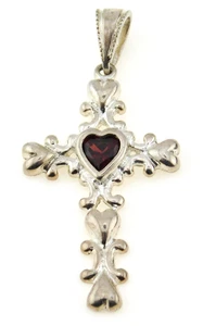 Thailand 925 Sterling Silver & Garnet Heart Cross Pendant - Picture 1 of 8