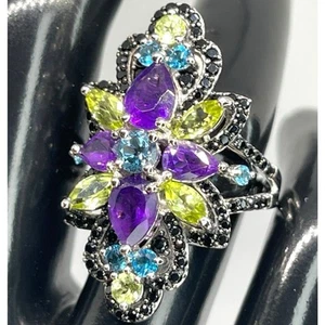 LUXY Gems Natural Topaz Amethyst Peridot Spinel Sterling Silver Ring Luxury Sz 7 - Picture 1 of 20