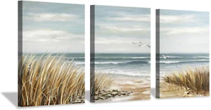Abstract Beach Picture Wall Art: Coastal Grass Seascape Artwork Print on Canvas - Picture 1 of 7