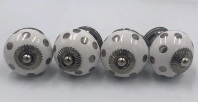 Juego de 4 perillas tiradores de puerta de porcelana atómica plateada dorada a lunares Foto 1 de 4