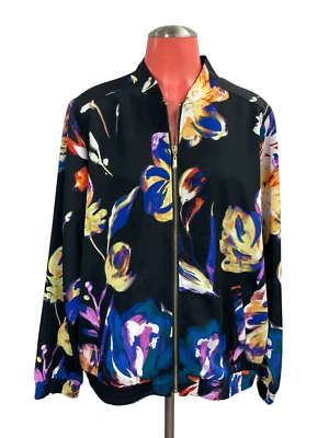 SUSAN GRAVER Chaqueta Cortavientos Estampado Floral Negra Bolsillos L Colorido Boho Foto 1 de 4