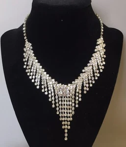 Rhinestone Necklace Waterfall Classic Prong Set 15”-18” Prom Vintage Pageant - Picture 1 of 4