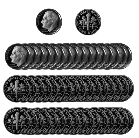 1985 S Roosevelt Dime 10c Gem Deep Cameo Proof CN-Clad Roll 50 US coins Cover