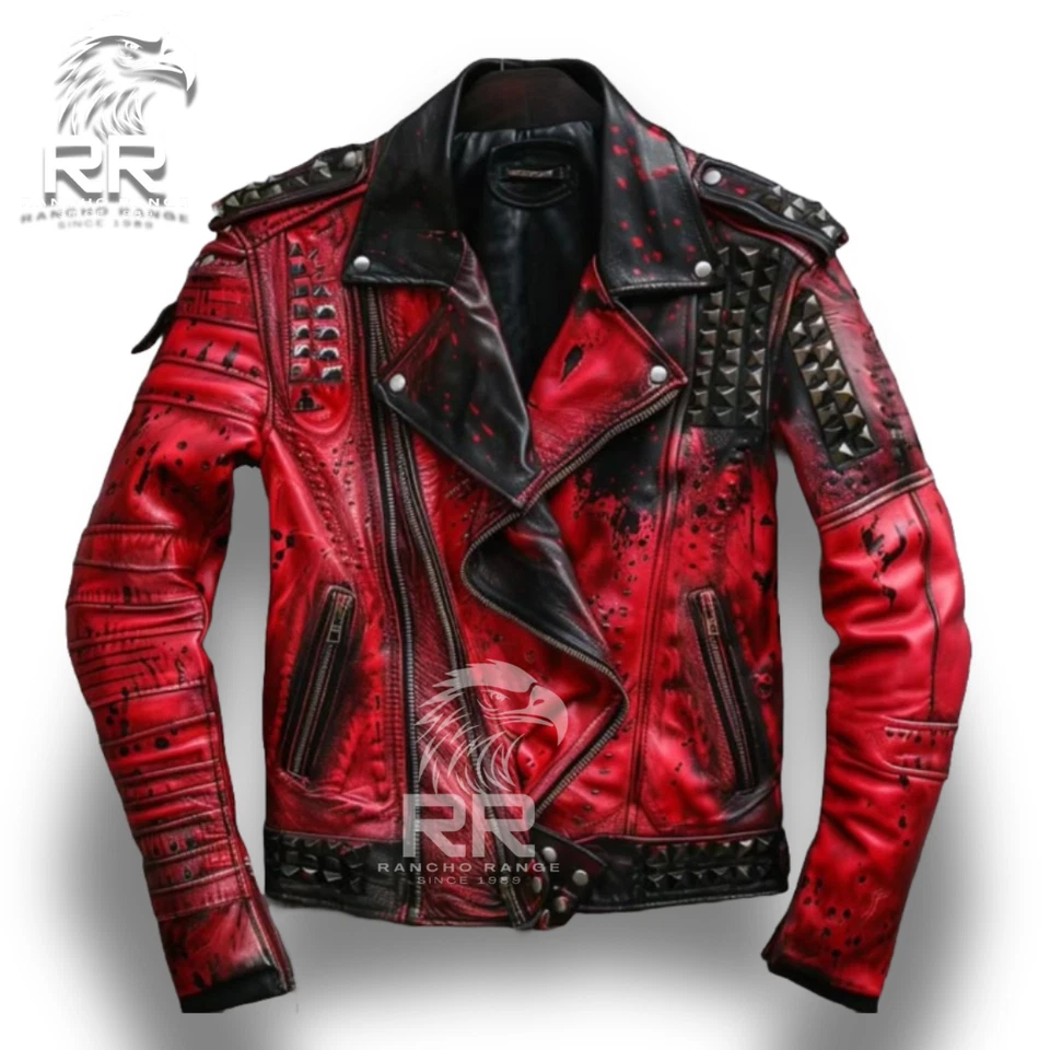 Men's Handmade & Hand Painted Punk Spiked Studded Patches Style Leather Jacket - Image 1 of 3