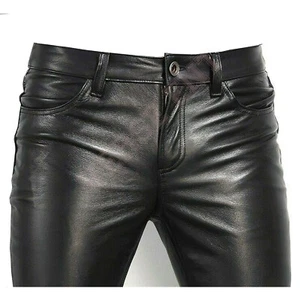 Pantalones de fiesta de cuero genuino de oveja para hombre calce ajustado pantalones de cuero real - Imagen 1 de 7
