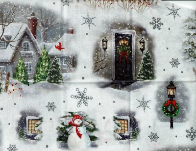 QT Fabrics Winter Scene Houses Snowman Fabric OOP 1 Fat Quarter - Image 1 of 4