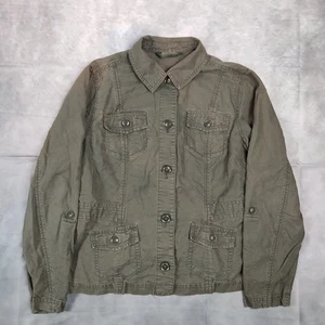 Eddie Bauer Military Jacket Womens UK 10 Small Khaki Linen Utility Field Shirt - Picture 1 of 11