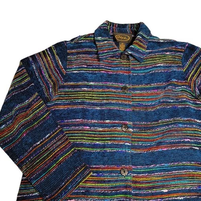 Chaqueta Alex Kim Mujer Petite M Vintage Azul Tejido Rayas Boho Chic Western Foto 1 de 4