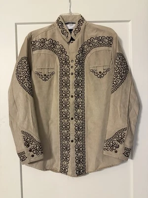 Camisa masculina bordada ocidental J L Fox fecho de pressão manga longa bege tamanho P - Imagem 1 de 4