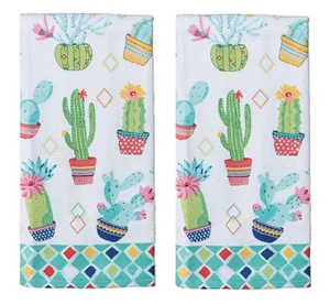 New Set of 2 Whimsical Southwest Cactus Garden Succulent Terry Kitchen Towels - Picture 1 of 2