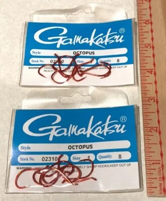 Gamakatsu OCTOPUS RED HOOKS Size 1 Barbed Needle Point Ringed #02310 Qty. 16 - Image 1 of 3