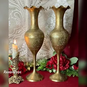 Brass Vases Etched Tall Matching Flower Vases Candle Holders Made in India Pair* - Picture 1 of 9