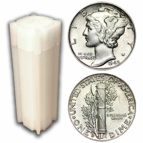 Roll of 50 $5 Face 90% Silver Mercury Dimes XF to AU Cover