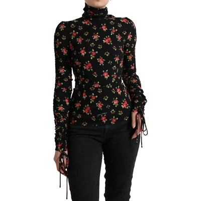 Blusa Top DOLCE & GABBANA Negra Estampado Rosa Cuello Tortuga IT40/US6/S PRECIO DE VENTA SUGERIDO POR EL FABRICANTE 1050usd Foto 1 de 4