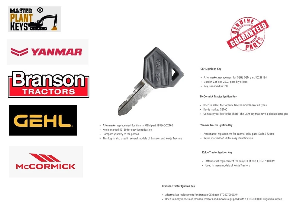 Llave de encendido para tractor Yanmar Branson McCormick OEM 198360-52160 llaves de planta maestra Foto 1 de 1