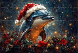 IMPRESIÓN ARTÍSTICA SOMBRERO DELFÍN EN SANTA, Póster de Navidad, Playa Océano Decoración de Vacaciones E520 - Imagen 1 de 2