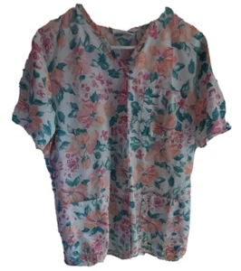 Womens Crest Scrub Top Size Medium Pastel Floral Print with Three Pockets - Picture 1 of 5