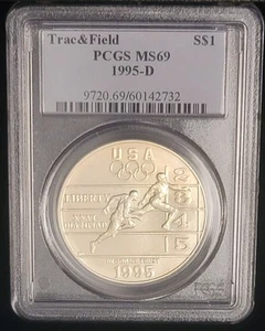 1995-D PCGS MS69 Track & Field Silver Dollar Old Blue Holder Slab - Picture 1 of 2