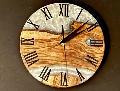 Custom Made Olive Wood 8 Inch White River Clock W/ Roman Numerals - Image 1 of 4