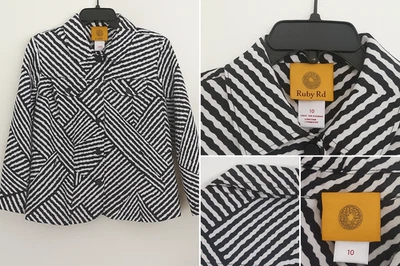 Ruby Rd Women Sz 10 Cropped Jacket Black/White Geometric Print Monochrome Layer - Image 1 of 4