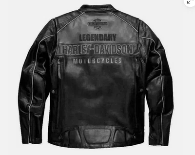 Harley Men’s Black Cowhide Leather Motorcycle Jacket – Biker Style - Image 1 of 3