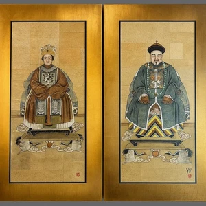 Qing Chinese Emperor, Empress Paintings Yu,,Chop Mark, Large Framed Gold Gilt - Picture 1 of 19
