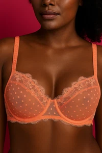Victoria’s Secret Dream Angels 36C Bra Coral Lace Mesh Sheer Unlined Balconette - Picture 1 of 7
