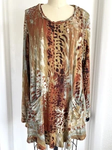 LOGO by Lori Goldstein Top & Tank Brown Animal Pockets Ruffles Lg Sleeve Size L - Picture 1 of 4