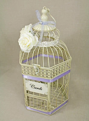 Portatarjetas de boda jaula para pájaros vintage marfil y lavanda púrpura claro, perla, Foto 1 de 4