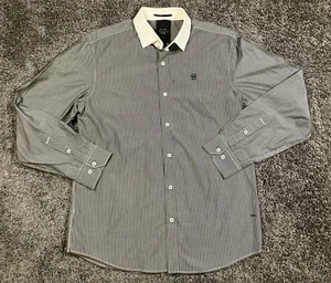 G Star Raw Shirt Mens XL Gray White Collar Pinstripe Correctline Button Up Retro - Picture 1 of 21
