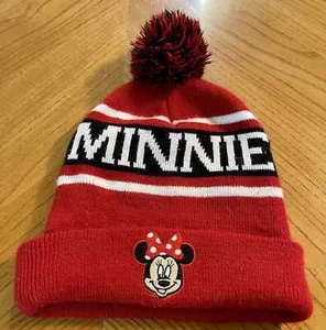 Disney Minnie Mouse Adult Knit Hat Patch Pom Pom Red White Black Stripes U4 - Picture 1 of 3