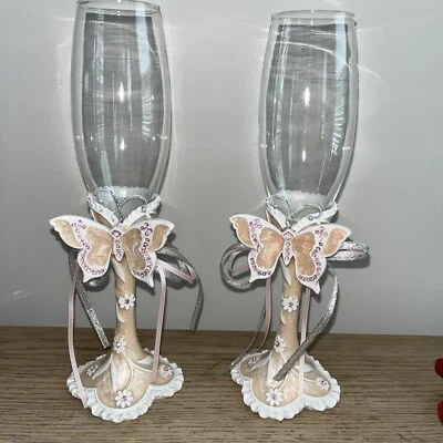 Свадебный тост флейты комплект 2 бабочка шампанского бокалы, бежевый/бледно-персиковый розовый - Изображение 1 из 4