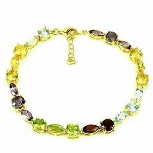 Sterling Silver Bracelet Garnet Citrine Amethyst Gold Plated 7 1/2 to 8 3/4 Inch - Picture 1 of 24