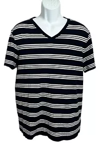 Herren T-Shirt GAP dunkelblau gestreift V-Ausschnitt Gr. Large Kurzarm Shirt Baumwolle - Bild 1 von 6