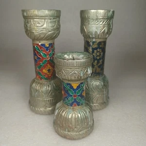 Set Of 3 Cloisonne Candle Sticks Holders Champleve Enamel & Metal 6" & 4" India - Picture 1 of 12