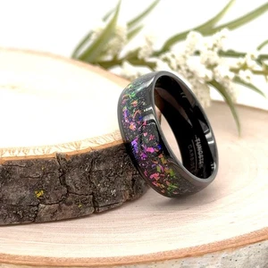 8mm Polished black Tungsten Ring Multicolor Glitter Inlay Unisex Engagement Band - Picture 1 of 4