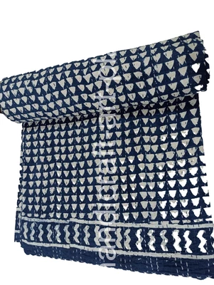 Blue Indigo Indian Handmade Cotton Kantha Quilt Block Print King Size Bedspread - Image 1 of 4
