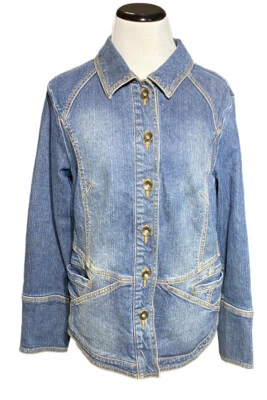 Women's Motto Medium Blended Cotton Blue Denim Button Up Trucker Jacket - Image 1 of 4