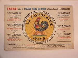 + Ancien grand Buvard Assurance la Populaire - Coq Français Paris + - Photo 1/8