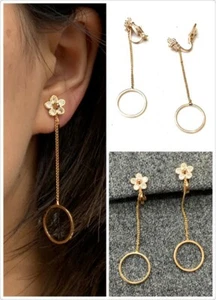 High Quality Gold Zircon Crystal Flower Hoop Drop Long Dangle Clip On Earrings - Picture 1 of 4