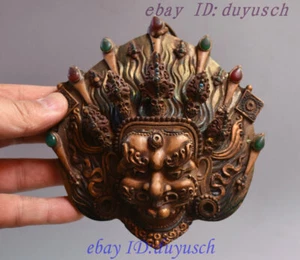 Tibet Cattle Bone Painting inlay Gem Hand carve wrathful Buddha Head Wall Hang - Picture 1 of 5